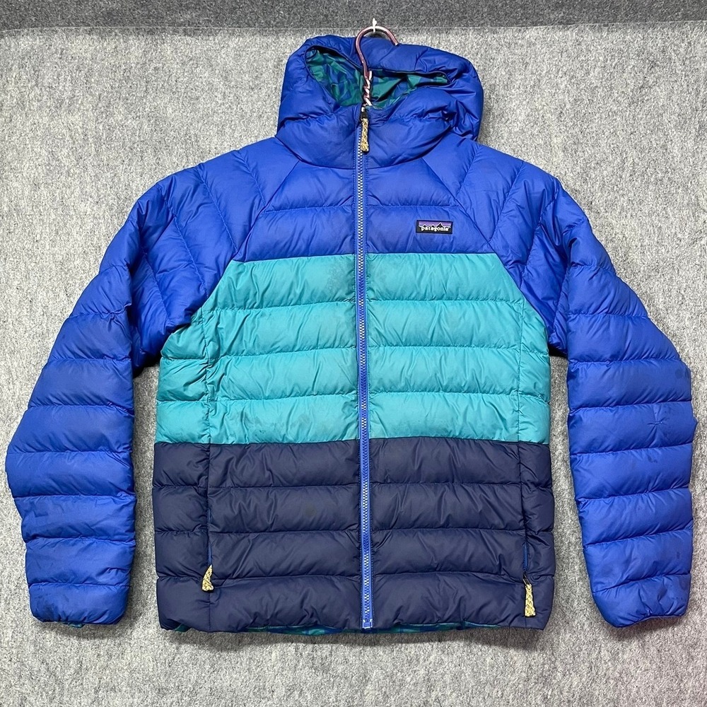 Patagonia Reversible Down Puffer Hoodie Kids XXL 16-18 Blue Teal Navy Colorblock